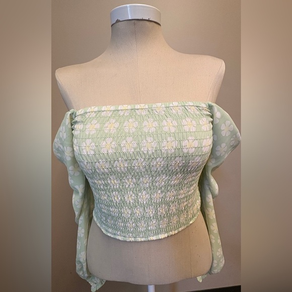 Simons Twik Sustainable Ruched Coquette Daisy Mint Long Sleeve Crop Top Small - Picture 3 of 10